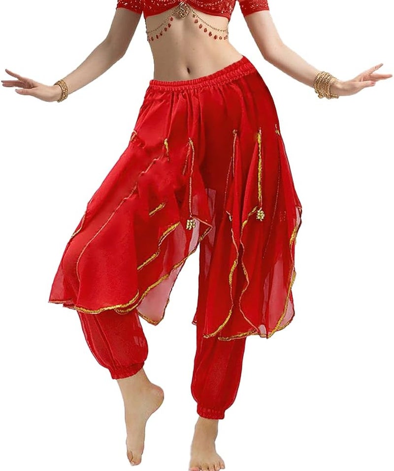 Rivoxi Women‘s Belly Dance Harem Pants with Golden Trim High Waist Stretchy Pants for Yoga Practice Stage Performance - Image 1